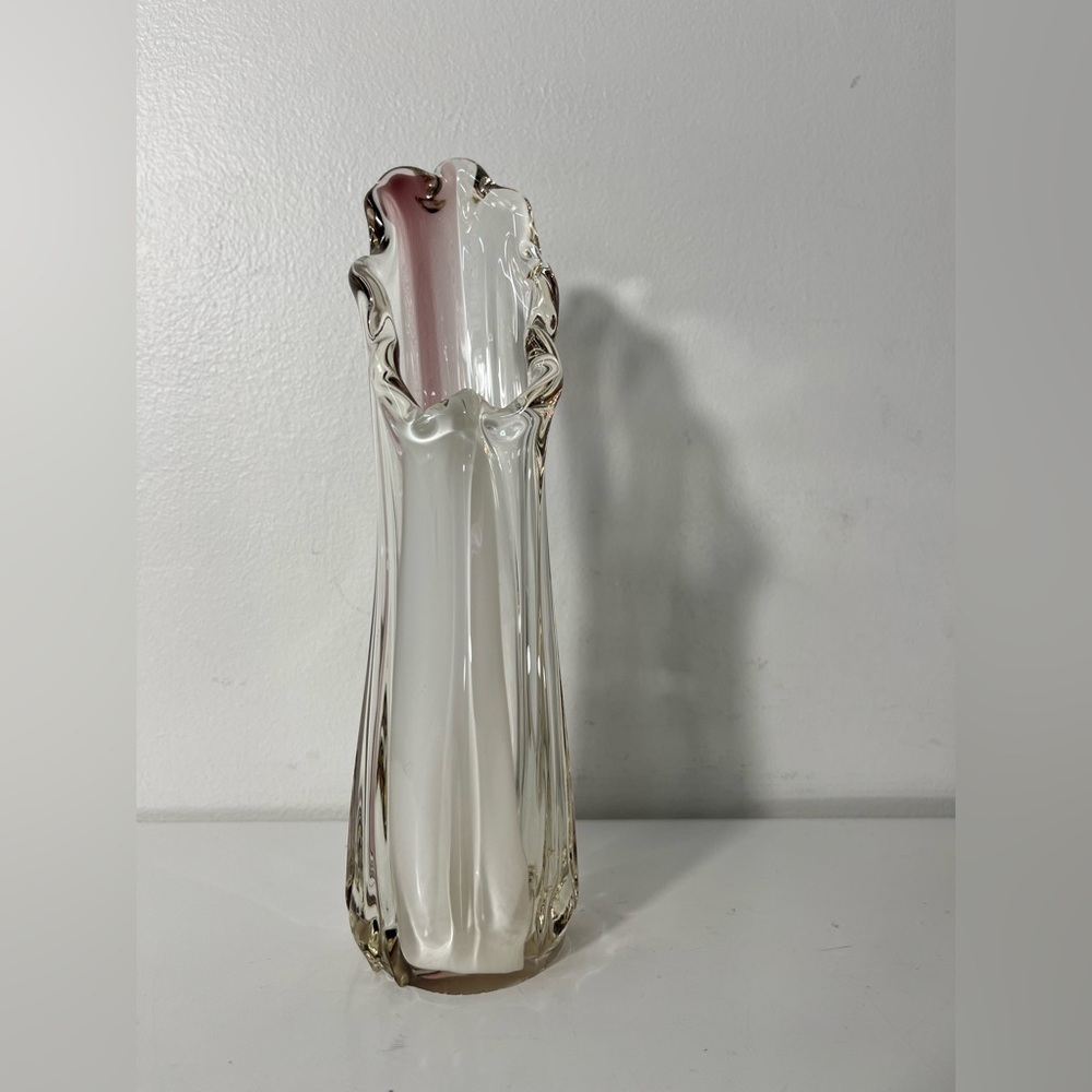 Vintage Swung Glass Vase 7 Finger Clear White Purple MCM Bud Flowers Stretch